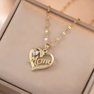 18K Gold Mom Heart With Heart Cut Gemstone Pave Diamond Inlay Pendant Necklace